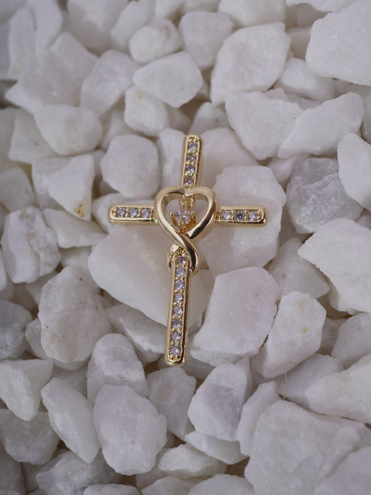 DIJE CRUZ CORAZON ENTRELAZADO CIRCONES BLANCOS